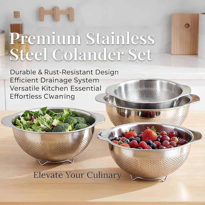 18/8 Stainless Steel Strainer and Colander for Kitchen, Large Strainers and Colanders, Food Strainers Fine Mesh with Handle for Spaghetti, Pasta, Rice, Fruit, Vegetables, Noodles (5QT)