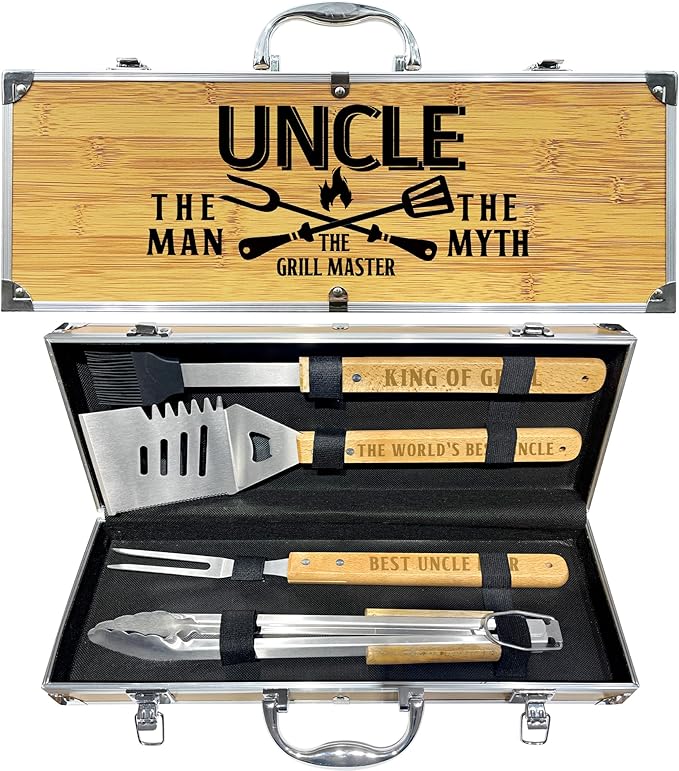 Uncle Gifts, Christmas Uncle Gift from Niece Heavy Duty Wooden BBQ Grilling Accessories Kit for Backyard, Thick Stainless Steel Grill Utensils with Non-Slip Handle Tools in Portable Bag Father's Day