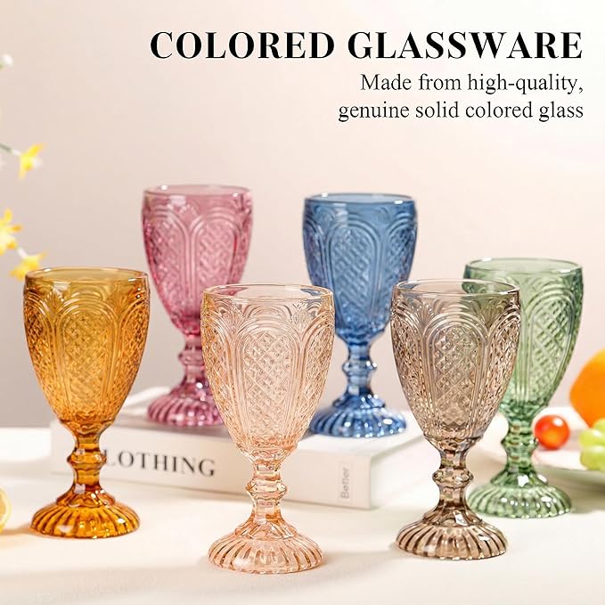 Colored Vintage Wine Glasses Set of 6 – colorful Glass Water Goblets, drinking glasses for Wedding, Holiday, or Fancy Glassware for everyday