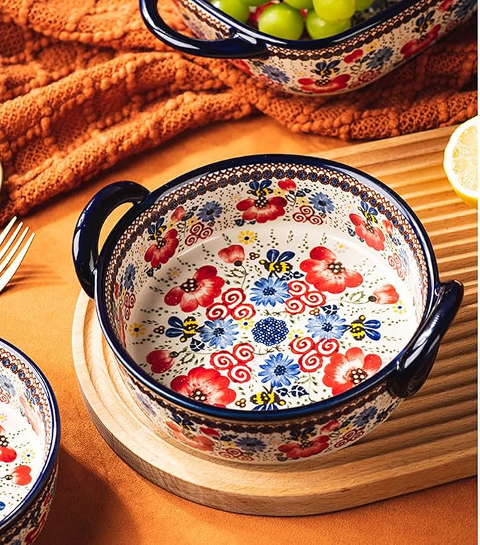 Vintage Flowers Style Ceramic Bakeware Casserole Dish Baking Pan Lasagna Pans Baking Dish with Handles for Oven/Cooking/Kitchen-1 PCS-Red Flowers-32 OZ