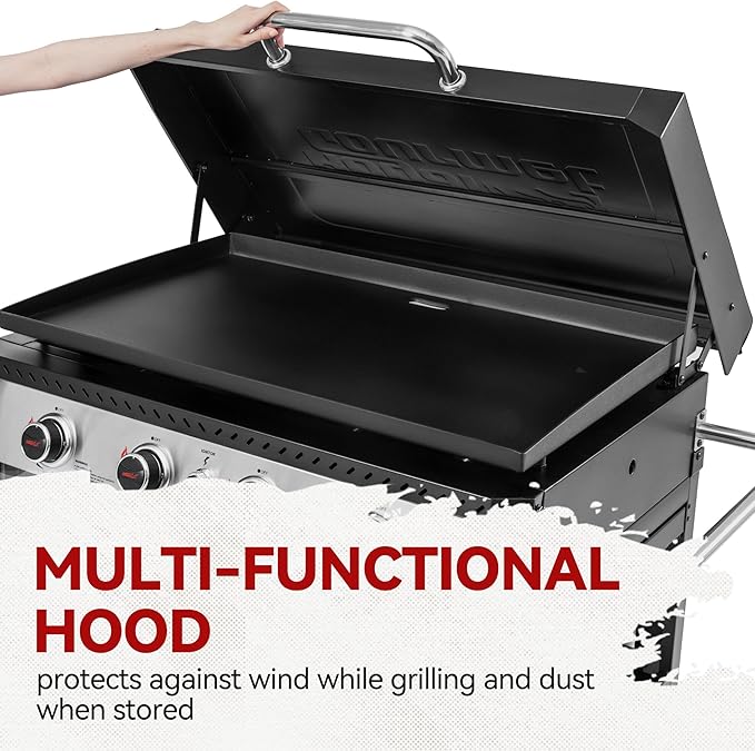 Royal Gourmet GB4008T 4 Burner Propane Gas Griddle with Pull-Out Expandable Table & Foldable Side Shelf, 34-Inch Flat Top Grill with Hood for Outdoor Cooking & Backyard Barbecue, Black
