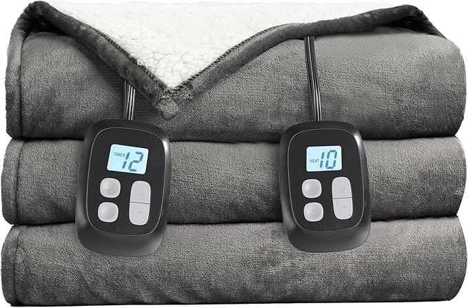 Electric Heated Blanket King Size - 90"x100", Soft Flannel Heating Blanket, 10 Heating Levels, 1-12 H Auto Shut Off, Breathable Warm and Washable for Bed, Light Grey