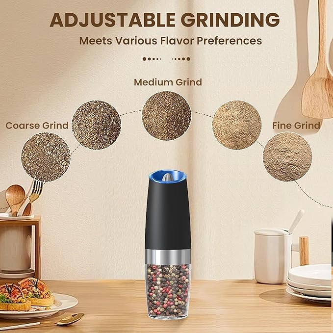 Gravity Electric Salt And Pepper Grinder, Automatic Salt And Pepper Grinder, Battery Powered (6 AAA Batteries Each), Adjustable Roughness, LED Light, 1 Pack, (Black)