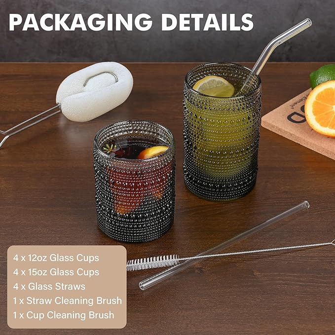 ZMOWIPDL Vintage Hobnail Drinking Glasses Set of 8,Grey 12 oz & 15oz Highball Glass Cups, Kitchen Drinkware Glassware,Embossed Water Tumbler,for Beer,Cocktail,Whiskey,Juice and Various Mixed Drinks