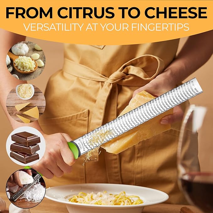 Orblue Lemon Zester & Cheese Grater - Premium Citrus Zester, Kitchen Grater for Parmesan, Chocolate, Fruits, Vegetables, Ginger, Garlic, Nutmeg - Stainless Steel Blades with Protective Cover, Green
