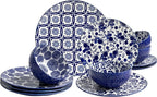 LEHAHA 12 Pieces Modern Porcelain Dinnerware Set，Service for 4, Ceramic Plates and Bowls Sets, Kitchen Dinner, Salad, Dessert Plate and Cereal Bowl Set, Ceramics Dishes Set, Blue and White