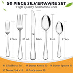 LIANYU 50-Piece Silverware Flatware Set for 10, Stainless Steel Cutlery Set Includes Fork Spoon and Knife, Kitchen Restaurant Tableware, Mirror Finished, Dishwasher Safe