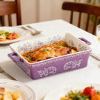 Domini Casserole Dishes for Oven, Ceramic Baking Dishes for Oven Set of 2, Lasagna Pan Deep, Baking Pan Set Square Casserole Dish Set with Handles for Baking, Pattern Purple(11.4+8.5inch)