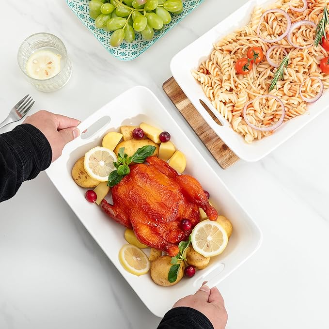 LEHAHA Large Serving Bowls with Handles, Set of 2 White Porcelain Bowl Set, Durable Ceramic Salad Bowls, 2 Quarts Rectangular Serving Platter for Turkey, Fruit Salad Serving Dishes for Entertaining
