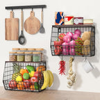 Wawocs Fruit Basket for Kitchen Counter 2 Tier Fruit Bowl, Stackable Wall Mounted Hanging Fruit Basket Wire Baskets with Wood Lid with 4 Banana Hanger Hooks, Onion Basket, Fruit and Vegetable Storage