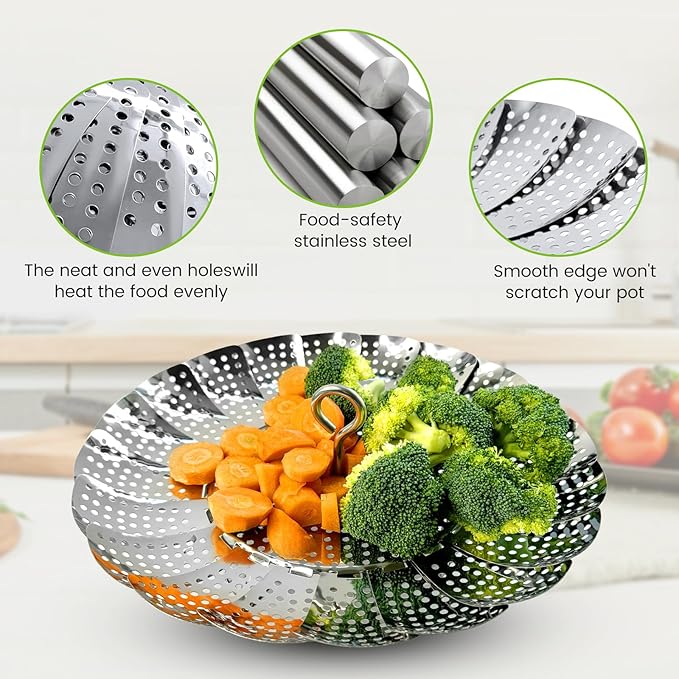 Sayfine Vegetable Steamer Basket, Premium Stainless Steel Veggie Steamer Basket - Folding Expandable Steamers to Fits Various Size Pot (Extra Large (6.5" to 11"))