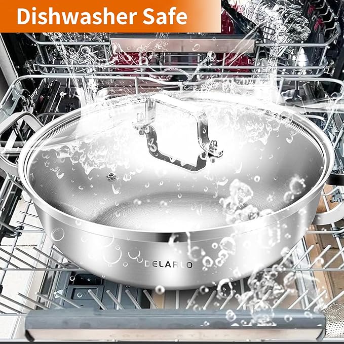 Delarlo Tri-Ply Stainless Steel 11 inch Everyday Pan with Lid, Kitchen Induction Deep Saute Pan,shabu shabu pot High Side Cooking Pot 3.5QT, Oven Safe Stock Pot, Up to 600℉