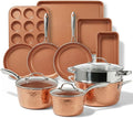 Gotham Steel Hammered 15 Pc Ceramic Cookware Set Nonstick, Induction Pots and Pans Set Non Stick with Bakeware Set & Steamer for Cooking, Non Toxic PFOA PFOS Free, Oven & Dishwasher Safe - Copper