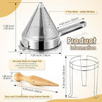 Feekoon Stainless Steel Chinois Strainer with Stand and Wooden Pestle Set, China Cap Strainer for Tomato, Berry, Fruit, Egg, Soup and Other Canning Jam Making Supplies, 15.35 x 7.67 x 7.28 inch