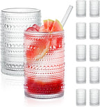 Hobnail Drinking Glasses Set of 12, 15 oz Large Capacity Highball Glasses with Straws Vintage Glasses Drinking Set, Embossed Beaded Glass Cups for Kitchen, Beer, Juice, Cocktail, Whiskey, Milk