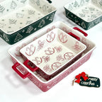Domini Casserole Dishes for Oven, Ceramic Baking Dishes for Oven Set of 2, Lasagna Pan Deep, Baking Pan Set Square Casserole Dish Set with Handles for Baking, Pattern Red(11.4+8.5inch) Christmas