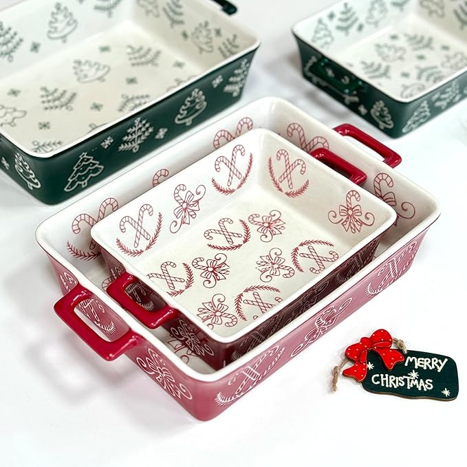 Domini Casserole Dishes for Oven, Ceramic Baking Dishes for Oven Set of 2, Lasagna Pan Deep, Baking Pan Set Square Casserole Dish Set with Handles for Baking, Pattern Red(11.4+8.5inch) Christmas