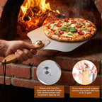 Pizza Peel Pizza Pan Set, 7Pcs Pizza Oven Accessories, 12 Inch Metal Paddle (12"x 14") with Foldable Wooden Handle, 2 Pizza Pans, Rocker Cutter, Pizza Server, Oven Mitts, Oil Brush