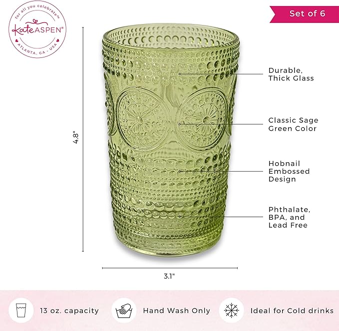 Hobnail Beaded Floral Green Drinking Glasses Set of 6, (13 oz) Vintage Glassware Set by Kate Aspen| Cocktail Glass Set, Juice Glass, Water Cups | Great Hostess Gift & Gift for New Home Owners