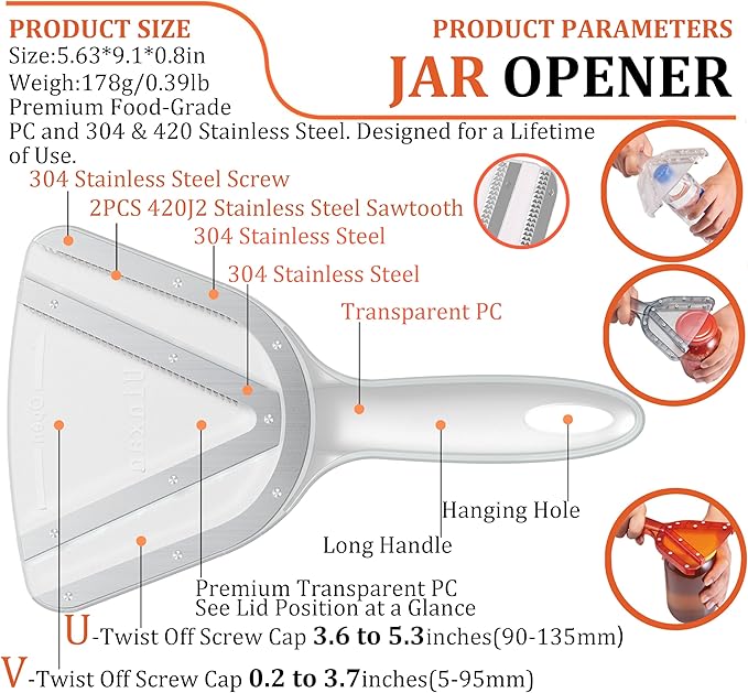 Uinxan Jar Opener for Weak Hand & Seniors with Arthritis,Easy Twist Off Bottle Caps,Patent | Unique Kitchen Gadgets,Handheld Lid Top Open for Elderly/Women/Men (Transparent)