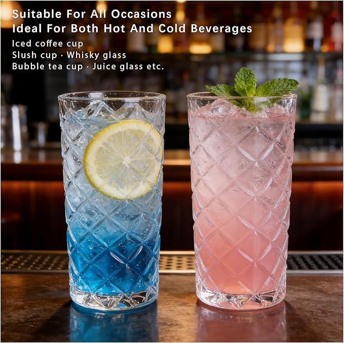 Crystal Highball Glasses Set Of 6-14 Ounce Diamond Cut Tom Collins Glasses - Textured Designer Glassware For Whiskey,Drinks, Water, Beer, Soda