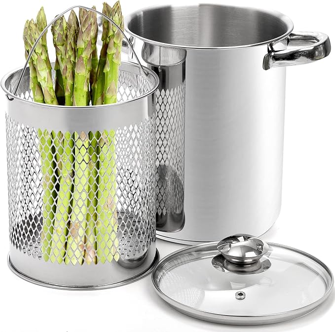 AVLA Asparagus Pot, 4 Quart Stainless Steel Steamer Cooker, Vegetable Asparagus Cooker with Removable Basket and Lid for Pasta, Spaghetti, Boiled Eggs, Shrimp, Oil Deep Fry Pan for French Fries