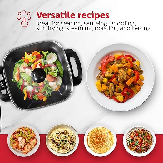 Holstein Housewares 12-Inch Electric Skillet - 1400W Electric Pan with Adjustable Temperature Control, PFOA-Free Non-Stick Coating, Cool-Touch Handles, Multi-Function Cooker, Red