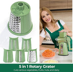 SUSTEAS Rotary Cheese Grater with Handle - Vegetable Shredder with 5 Well-designed Blades & Strong Suction Base,Round Mandoline Slicer & Food Chopper for Kitchen,with Blade Storage Box(Retro Green)