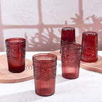 Ciaell 12 Pack Romantic Plastic Water Glasses - 14 Oz Burgundy Vintage Drinking Glasses, Embossed Ribbed Plastic Cups, Textured Striped Set for Juice, Beverages, Beer, Cocktail