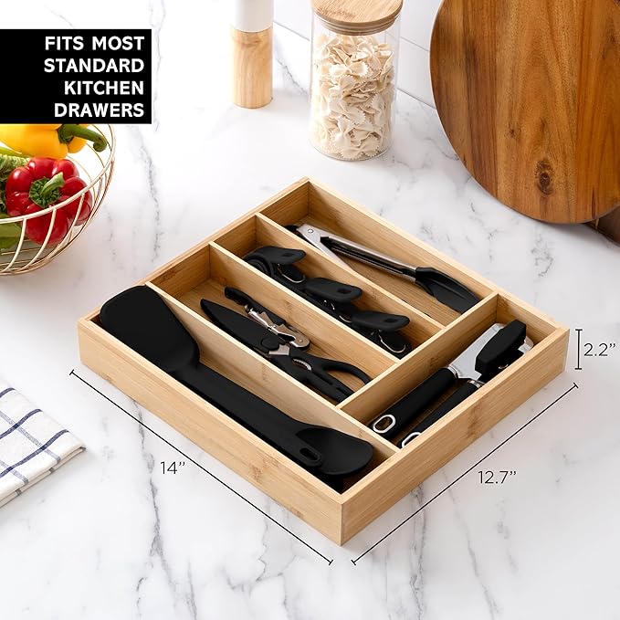 COOK WITH COLOR Bamboo Kitchen Utensil Set with Drawer Organizer | Cooking Tools and Storage Caddy, Black, 18 Piece Gadget Set