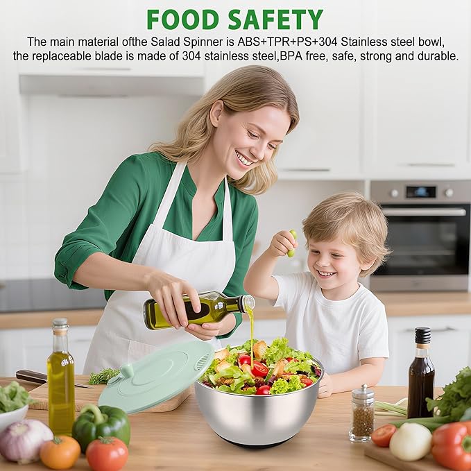 Salad Spinner Stainless Steel, 5.3-Quart Lettuce Washer Spinner with 5 Blades Slicer, Large Vegetables Fruits Wash Bowl with Strainer, Perfect Home Salad Making Tool for Healthy Eaters & Home Cooks