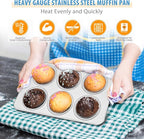 E-far Muffin Pan Set of 3, Stainless Steel Muffin Pan Tin for Baking, 6-Cup Metal Cupcake Pan Tray, Non-toxic & Healthy, Oven & Dishwasher Safe, Regular Size - 11.44 x 7.12 x 1.25 inch