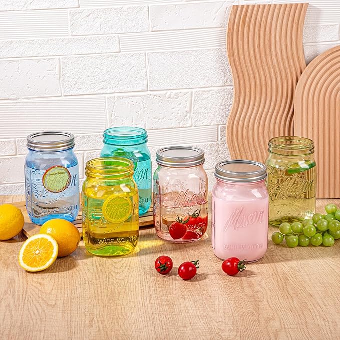 WELLIFE 6PCS 32 oz Mason Jars Wide Mouth-Vibrant Colored Glass Jars for Canning, Food Storage, Fermenting & DIY Craft. Glass Jar with Lid, Airtight & Durable