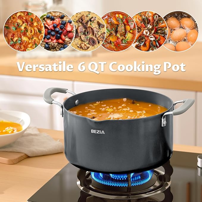 6 Quart Nonstick Stock Pot with Lid, BEZIA PFAS-Free Ceramic Soup Pot, Multipurpose Pasta Pot with Strainer Lid, Induction Cooking Pot, Silicone Handle, Compatible with All Cooktops, Dishwasher Safe