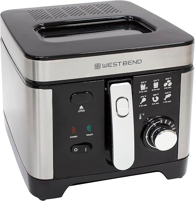 West Bend Deep Fryer with Adjustable Temperature Control Nonstick Basket Easy-View Window and Temperature Guide, Folding Handle and Locking Cover for Easy Storage, 3-Liter, Silver