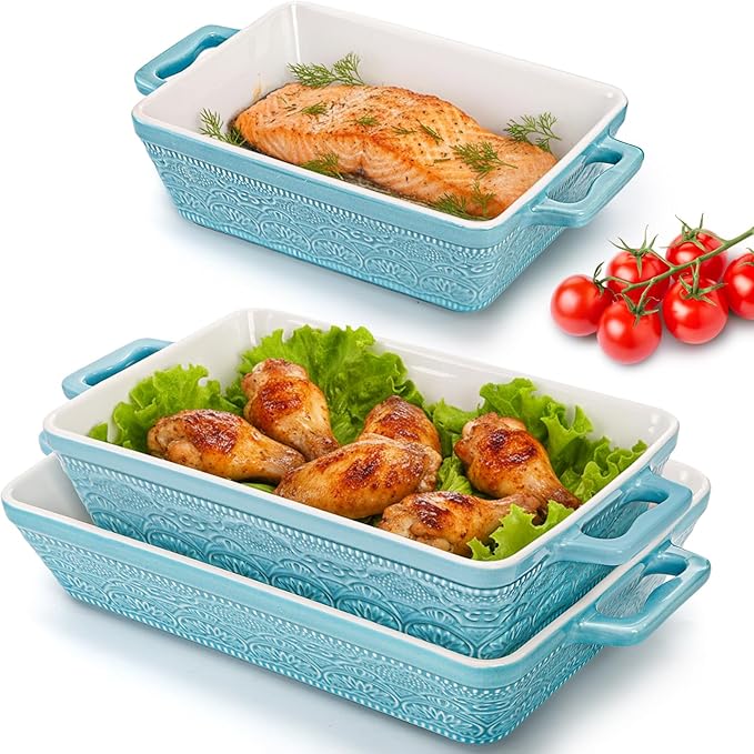 Hacaroa Set of 3 Ceramic Baking Dishes, Rectangular Bakeware with Handles, Elegant Casserole Dish Set Lasagna Pan for Baking, Cooking, Cake Dinner, Banquet, Lake Blue, 3 Sizes