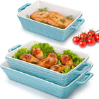 Hacaroa Set of 3 Ceramic Baking Dishes, Rectangular Bakeware with Handles, Elegant Casserole Dish Set Lasagna Pan for Baking, Cooking, Cake Dinner, Banquet, Lake Blue, 3 Sizes