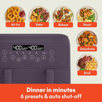 bella 4 Qt TriZone Air Fryer, EverGood™ Ceramic Nonstick Coating, Dual Basket Design w Removable Divider, Digital Touchscreen Control w 6 Preset Cooking Options, 1200 Watt, 3lb Capacity, Plum