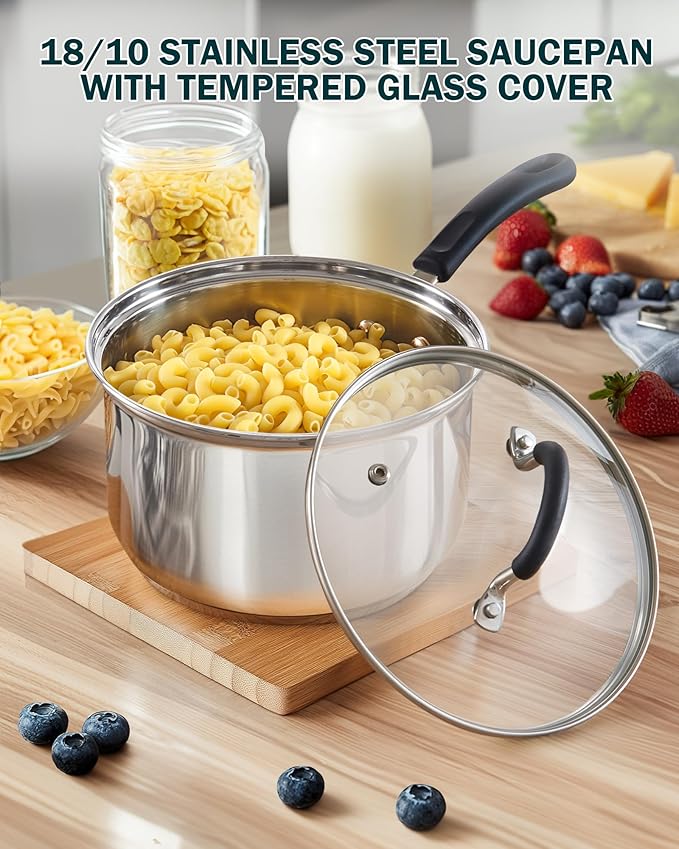 Cook N Home 2 Quart Stainless Steel Saucepan Set with Lid, Induction Compatible Milk Pots, Stay-Cool Silicone Handle, Mirror Polished 18/10 Cookware, Dishwasher & Oven Safe, Silver