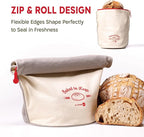 KNEADACE Reusable Bread Bags for Homemade Bread -Stylish Sourdough Bread Storage with Roll-Top Design, 100% Cotton & Food-Safe Lining, Freezer & Refrigerator Friendly, Gift for Bakers (Gray/Cream)