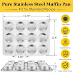Homikit 3 Pack Muffin Pan, Stainless Steel Cupcake Tin with 12 Cups Regular Size, 13.8" x 10.4" Nonstick Metal Egg Bites Tray for Oven Baking, Non Toxic & Rust Free, Easy Release & Dishwasher Safe