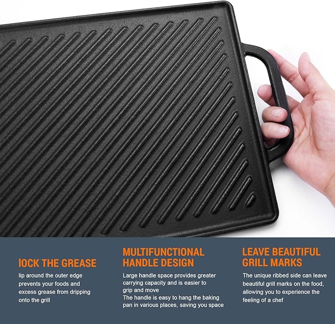 GGC Cast Iron Reversible Grill Griddle for Stove Top, Flat Griddle for Gas Grills, Flat and Ribbed Double-Side to Use, Non-Stick Griddle Plate Top Outdoor Cooking (20" x 9")