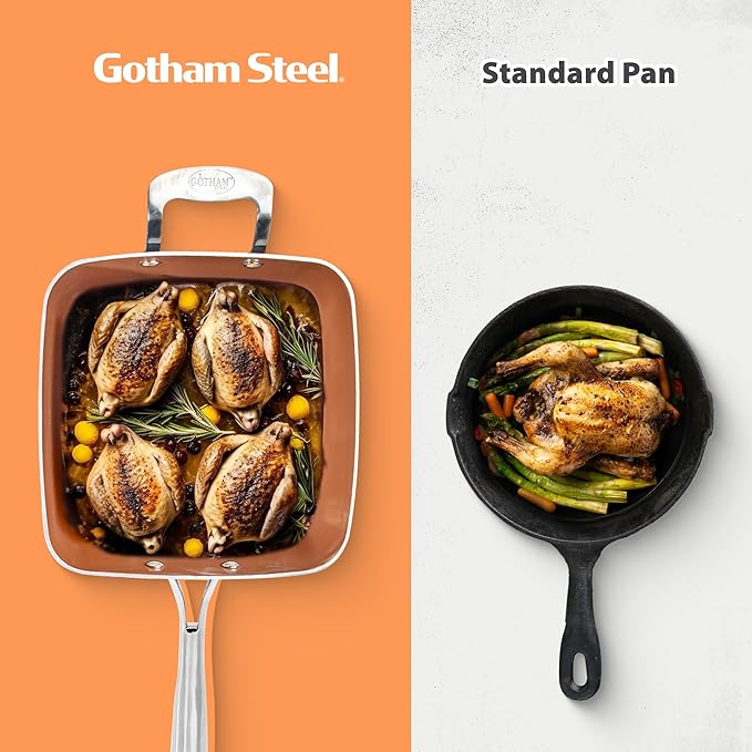 Gotham Steel Nonstick Square Deep Frying Pan, 9.5” Large Cooking Pan with Ceramic Nonstick Coating, Deep Fryer Pot with Basket, 4 Pc Titanium Ceramic with Lid, Basket & Steamer Tray, Dishwasher Safe