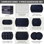 HONGBAKE 9-Piece Non Stick Baking Pans Set with Wave Texture for Reduced Oil, 0.8mm Thick Non Toxic Bakeware Sets, Includes Stackable Cookie Sheets for Oven Cooking, Cake Pan, Muffin Pan, Blue