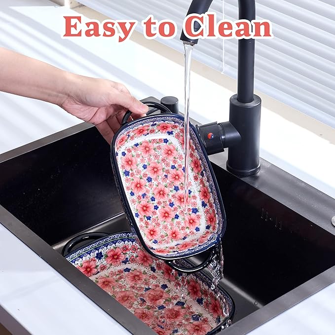 Ceramic Casserole Dishes for Oven, Hand-painted Polish Pottery Baking Dish Set of 2, 0.8QT / 2QT Porcelain Casserole Dishes with Handles, Baking Pan Lasagna Pan, Gift for Family/Friend (Red)