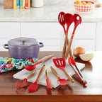 10-Piece Silicone Kitchen Utensils Set with Acacia Wood Handles, Nonstick Safe, Heat Resistant Cooking Tools for Everyday Use (RED)