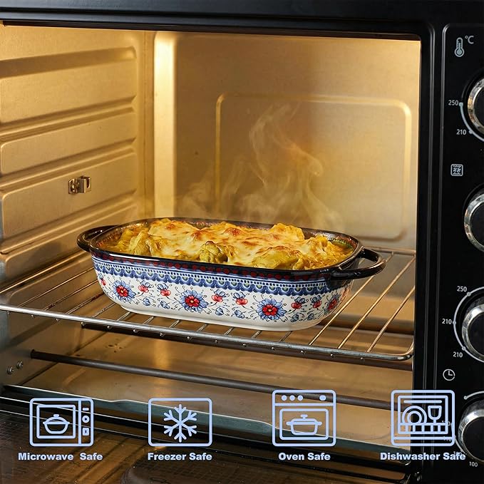 Ceramic Casserole Dishes for Oven, Hand-painted Polish Pottery Baking Dish Set of 2, 0.8QT / 2QT Porcelain Casserole Dishes with Handles, Baking Pan Lasagna Pan, Gift for Family/Friend (Blue)