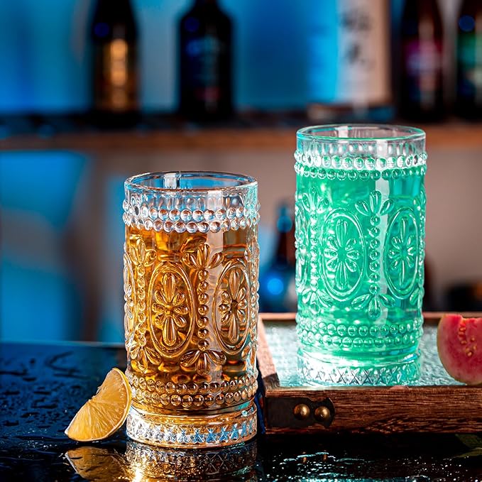 Vintage Drinking Glasses Set - 12 Pcs Romantic Highball Tumblers, 15oz Cups for Water, Mojito, Cocktail, Whiskey, Juice - Tall Glassware