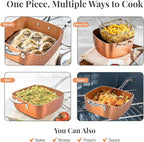 Gotham Steel Nonstick Square Deep Frying Pan, 9.5” Large Cooking Pan with Ceramic Nonstick Coating, Deep Fryer Pot with Basket, 4 Pc Titanium Ceramic with Lid, Basket & Steamer Tray, Dishwasher Safe