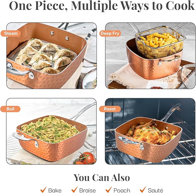Gotham Steel Nonstick Square Deep Frying Pan, 9.5” Large Cooking Pan with Ceramic Nonstick Coating, Deep Fryer Pot with Basket, 4 Pc Titanium Ceramic with Lid, Basket & Steamer Tray, Dishwasher Safe